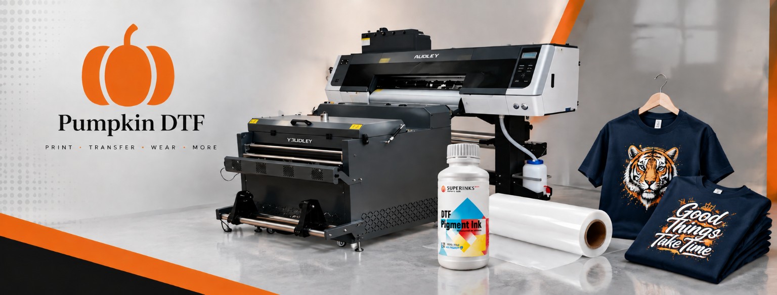 DTF printer, pigment ink and finished prints at the Pumpkin DTF workshop